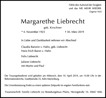 Anzeige von Margarethe Liebrecht von Kölner Stadt-Anzeiger / Kölnische Rundschau / Express
