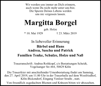 Anzeige von Margitta Borgel von Kölner Stadt-Anzeiger / Kölnische Rundschau / Express