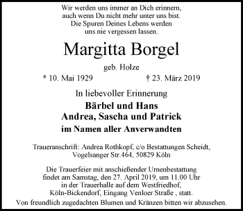 Anzeige von Margitta Borgel von  Bergisches Sonntagsblatt 