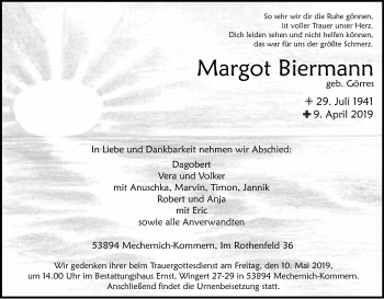 Anzeige von Margot Biermann von Kölner Stadt-Anzeiger / Kölnische Rundschau / Express