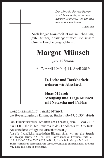 Anzeige von Margot Münsch von  Wochenende 