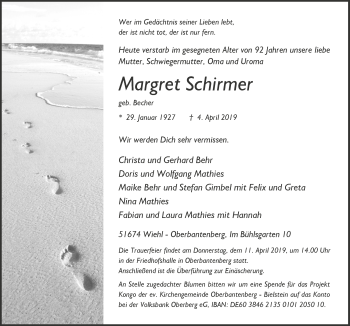 Anzeige von Margret Schirmer von  Anzeigen Echo 