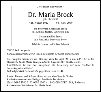 Anzeige von Maria Brock von Kölner Stadt-Anzeiger / Kölnische Rundschau / Express