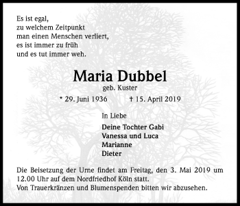 Anzeige von Maria Dubbel von Kölner Stadt-Anzeiger / Kölnische Rundschau / Express
