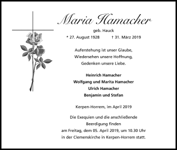 Anzeige von Maria Hamacher von Kölner Stadt-Anzeiger / Kölnische Rundschau / Express