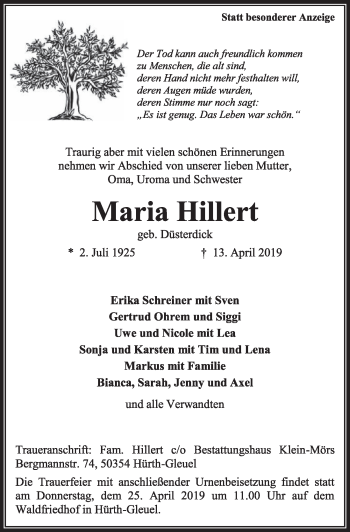 Anzeige von Maria Hillert von  Sonntags-Post 