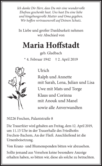 Anzeige von Maria Hoffstadt von  Sonntags-Post 
