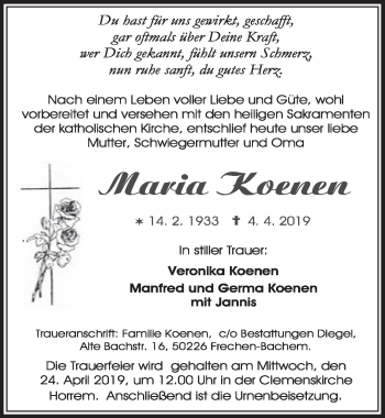 Anzeige von Maria Koenen von  Sonntags-Post 