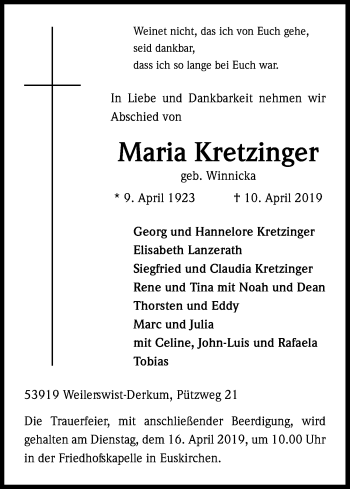 Anzeige von Maria Kretzinger von Kölner Stadt-Anzeiger / Kölnische Rundschau / Express