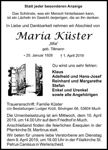 Anzeige von Maria Küster von Kölner Stadt-Anzeiger / Kölnische Rundschau / Express
