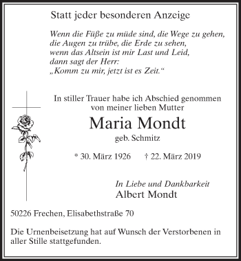 Anzeige von Maria Mondt von  Sonntags-Post 