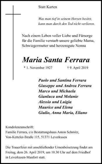Anzeige von Maria  Santa Ferrara von Kölner Stadt-Anzeiger / Kölnische Rundschau / Express