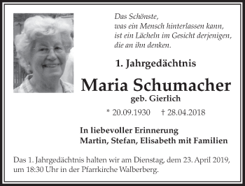 Anzeige von Maria Schumacher von  Schlossbote/Werbekurier 