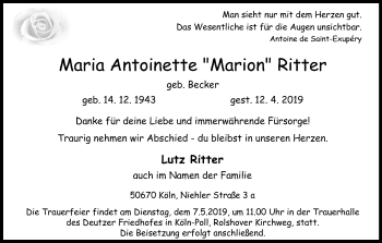 Anzeige von Maria Antoinette Ritter von Kölner Stadt-Anzeiger / Kölnische Rundschau / Express