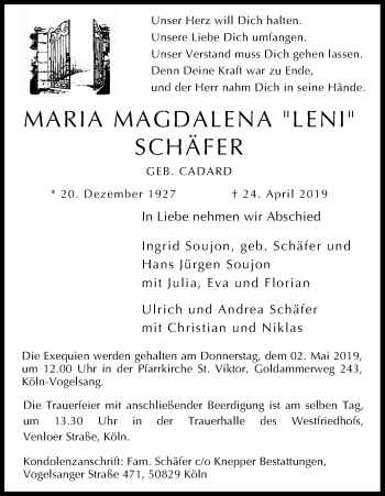 Anzeige von Maria Magdalena Schäfer von Kölner Stadt-Anzeiger / Kölnische Rundschau / Express