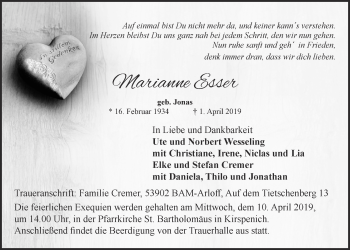 Anzeige von Marianne Esser von  Blickpunkt Euskirchen 