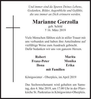 Anzeige von Marianne Gorzolla von  Rhein-Sieg-Wochenende 