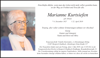 Anzeige von Marianne Kurtsiefen von Kölner Stadt-Anzeiger / Kölnische Rundschau / Express