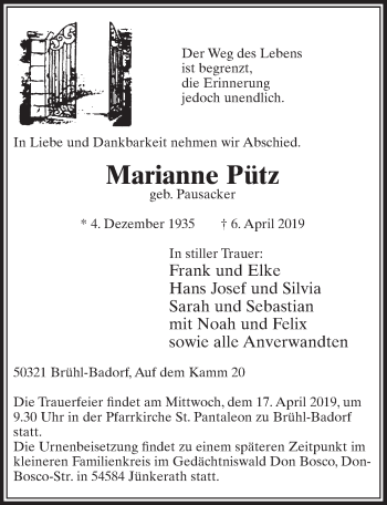 Anzeige von Marianne Pütz von  Schlossbote/Werbekurier 