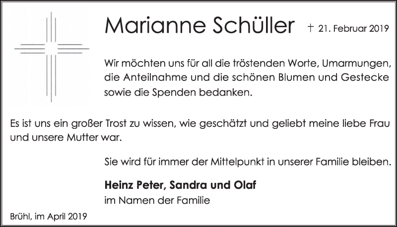  Traueranzeige für Marianne Schüller vom 03.04.2019 aus  Schlossbote/Werbekurier 