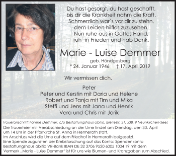 Anzeige von Marie-Luise Demmer von Kölner Stadt-Anzeiger / Kölnische Rundschau / Express
