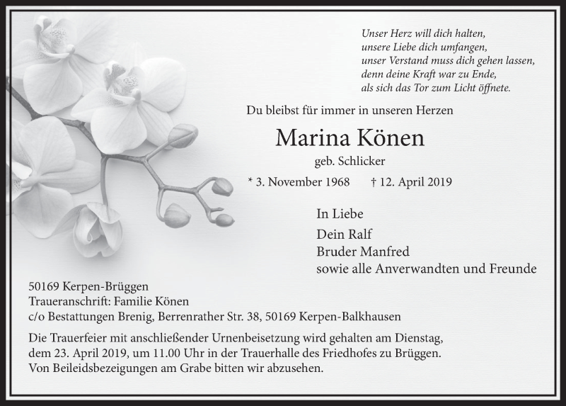  Traueranzeige für Marina Könen vom 20.04.2019 aus  Sonntags-Post 