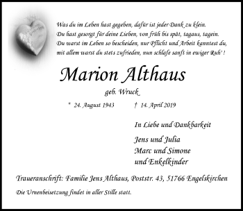 Anzeige von Marion Althaus von  Anzeigen Echo 