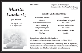 Anzeige von Marita Lambertz von  Sonntags-Post 