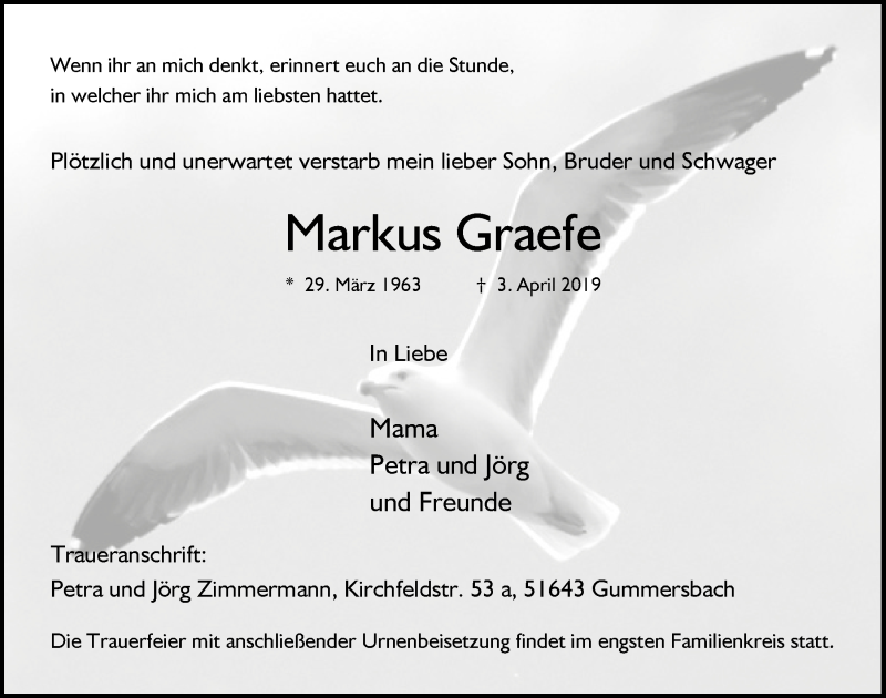  Traueranzeige für Markus Graefe vom 10.04.2019 aus  Anzeigen Echo 
