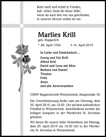 Anzeige von Marlies Krill von Kölner Stadt-Anzeiger / Kölnische Rundschau / Express