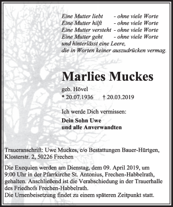 Anzeige von Marlies Muckes von  Sonntags-Post 