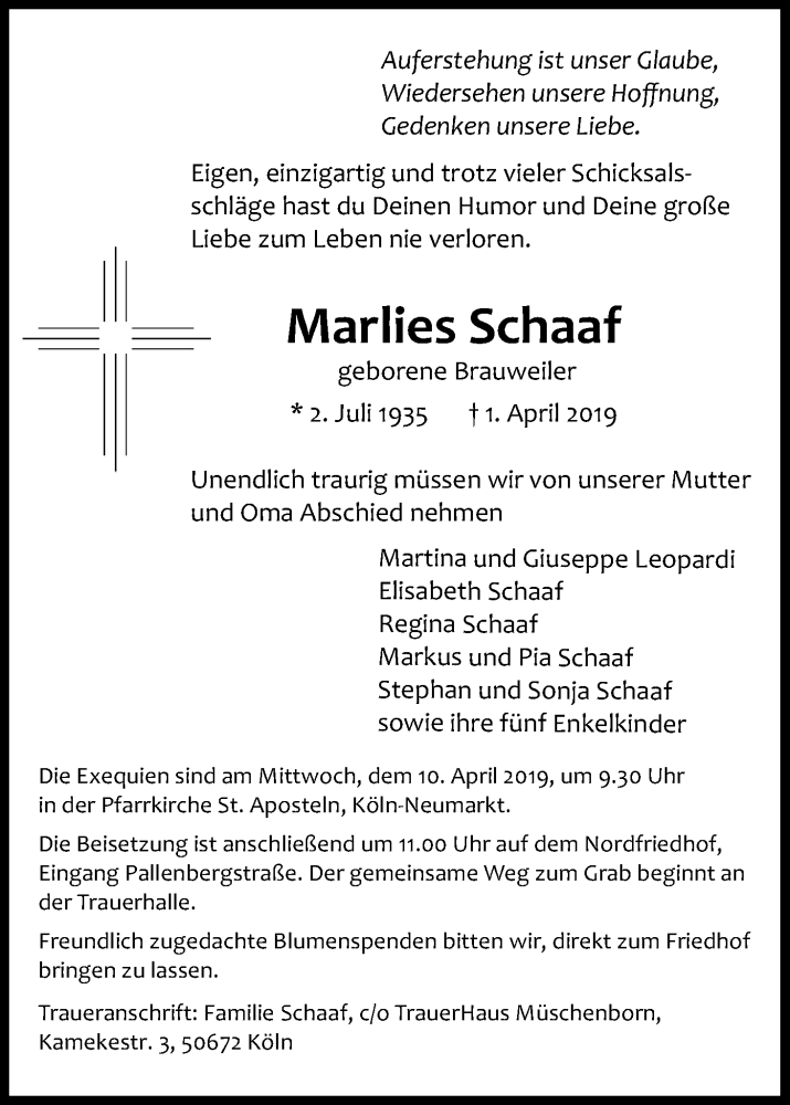  Traueranzeige für Marlies Schaaf vom 06.04.2019 aus Kölner Stadt-Anzeiger / Kölnische Rundschau / Express