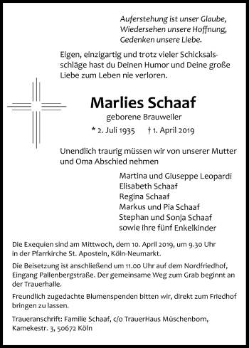 Anzeige von Marlies Schaaf von Kölner Stadt-Anzeiger / Kölnische Rundschau / Express