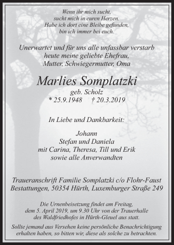 Anzeige von Marlies Somplatzki von  Wochenende 
