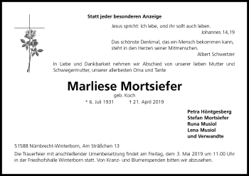 Anzeige von Marliese Mortsiefer von Kölner Stadt-Anzeiger / Kölnische Rundschau / Express