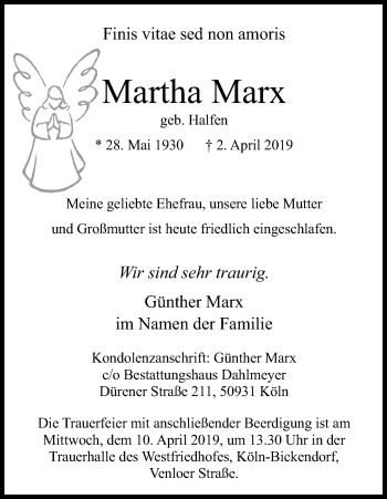 Anzeige von Martha Marx von Kölner Stadt-Anzeiger / Kölnische Rundschau / Express