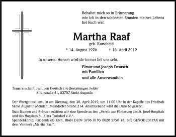 Anzeige von Martha Raaf von Kölner Stadt-Anzeiger / Kölnische Rundschau / Express