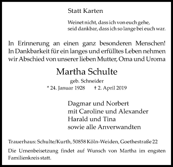 Anzeige von Martha Schulte von Kölner Stadt-Anzeiger / Kölnische Rundschau / Express