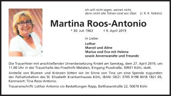 Anzeige von Martina Roos-Antonio von Kölner Stadt-Anzeiger / Kölnische Rundschau / Express