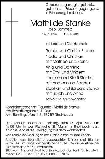 Anzeige von Mathilde Stanke von Kölner Stadt-Anzeiger / Kölnische Rundschau / Express