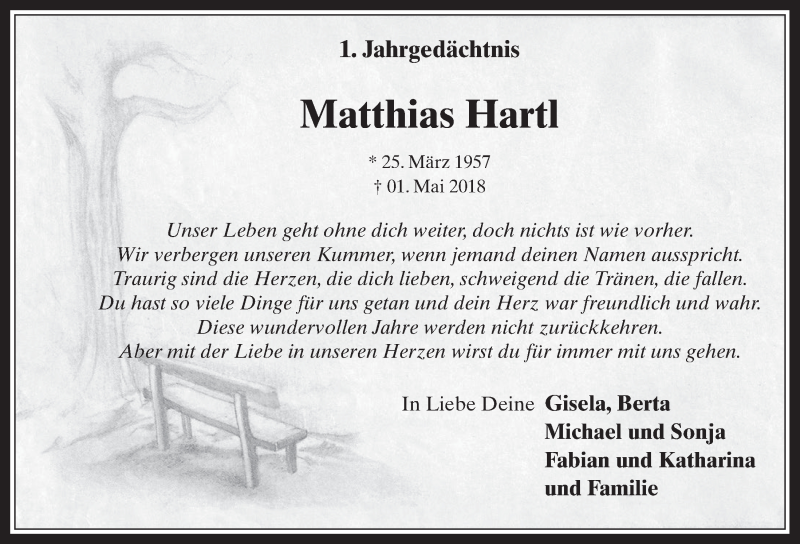  Traueranzeige für Matthias Hartl vom 18.07.2023 aus  Wochenende 