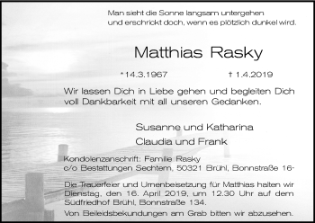 Anzeige von Matthias Rasky von Kölner Stadt-Anzeiger / Kölnische Rundschau / Express