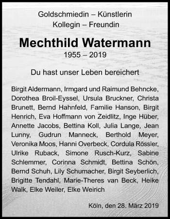 Anzeige von Mechthild Watermann von Kölner Stadt-Anzeiger / Kölnische Rundschau / Express