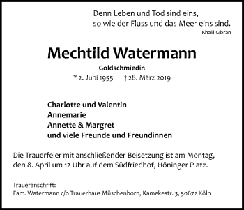 Anzeige von Mechtild Watermann von Kölner Stadt-Anzeiger / Kölnische Rundschau / Express