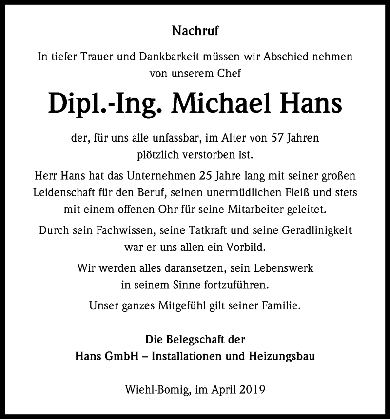  Traueranzeige für Michael Hans vom 11.04.2019 aus Kölner Stadt-Anzeiger / Kölnische Rundschau / Express