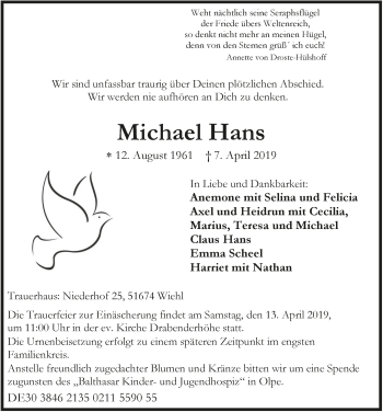 Anzeige von Michael Hans von  Anzeigen Echo 