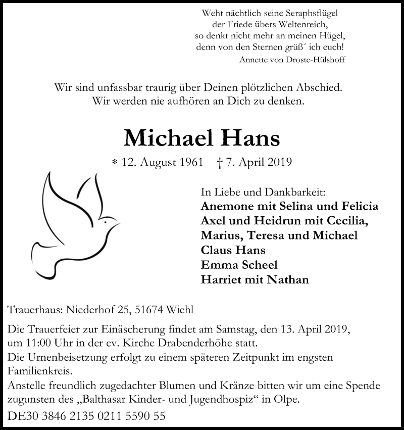  Traueranzeige für Michael Hans vom 12.04.2019 aus Kölner Stadt-Anzeiger / Kölnische Rundschau / Express