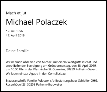 Anzeige von Michael Polaczek von Kölner Stadt-Anzeiger / Kölnische Rundschau / Express