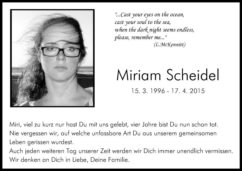  Traueranzeige für Miriam Scheidel vom 13.04.2019 aus Kölner Stadt-Anzeiger / Kölnische Rundschau / Express