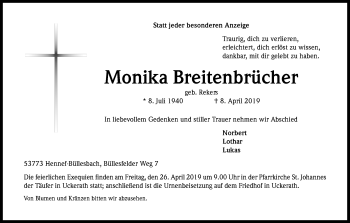 Anzeige von Monika Breitenbrücher von Kölner Stadt-Anzeiger / Kölnische Rundschau / Express